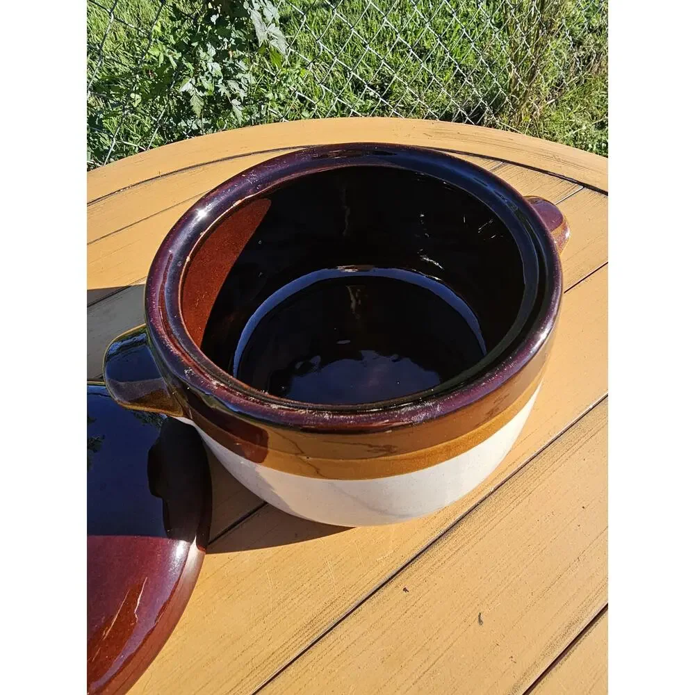 Vintage Brittany Cook N Serve Brown, Tan and White Stoneware Bean Pot with Lid